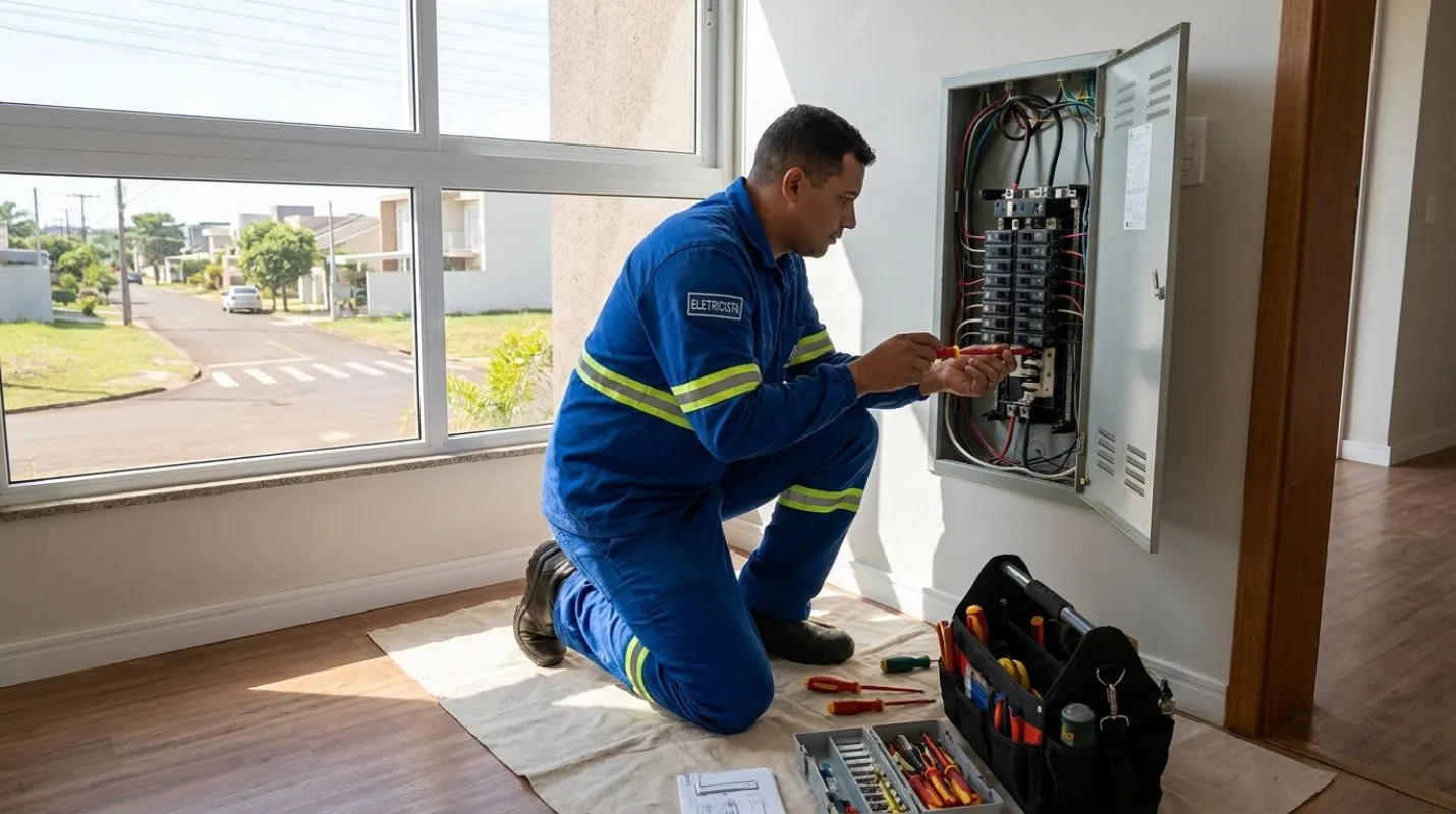 Eletricista trabalhando em quadro elétrico residencial em Cascavel PR