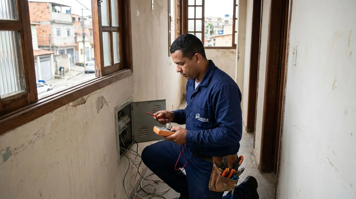 Eletricista verificando fiação antiga em quadro elétrico residencial em Cascavel PR