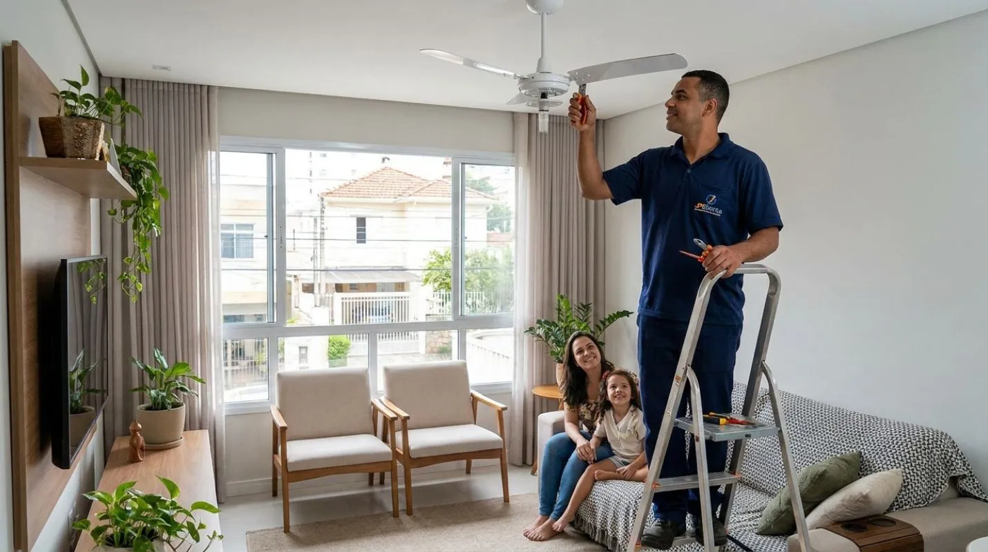 Eletricista instalando ventilador de teto em sala de estar em Cascavel PR com família ao fundo
