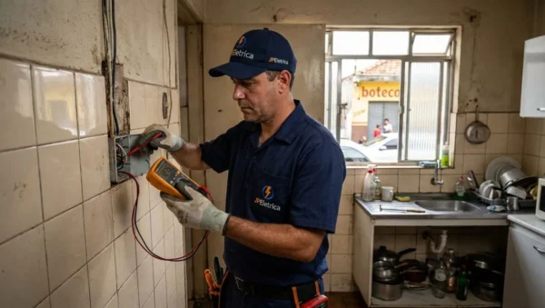 Eletricista verificando ponto elétrico próximo à pia