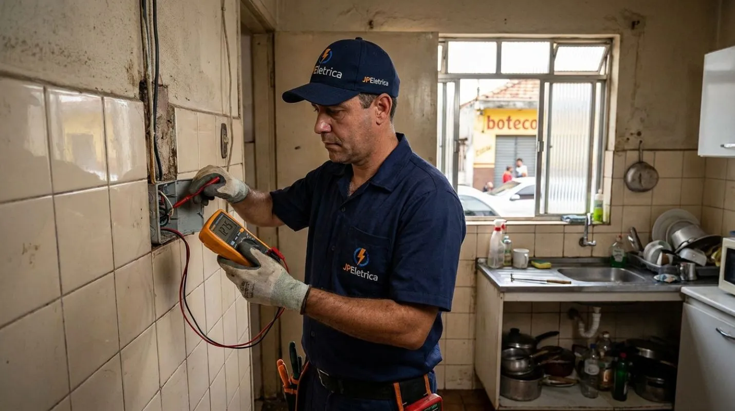 Eletricista verificando ponto elétrico próximo à pia