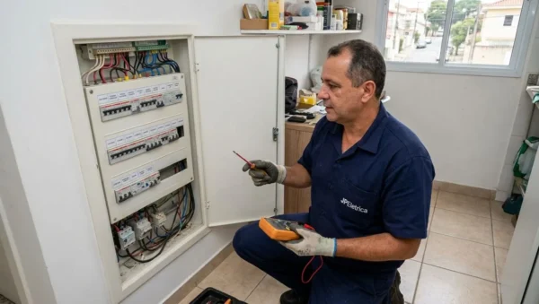 Eletricista avaliando quadro de distribuição e disjuntores com multímetro